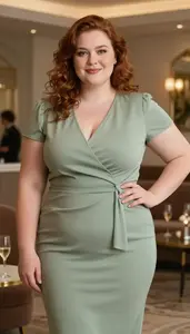 European Woman In Her Late 20s With Plump Figure With Auburn Textured Hair