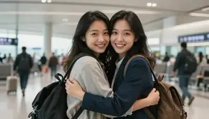 Excited Best Friends Reuniting With A Tight Hug At Airport Arrivals