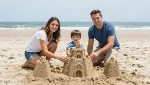 Family Building Sandcastle On Labor Day Weekend