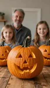 Family Carving Pumpkins For Halloween At Wooden Table