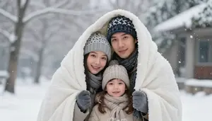Family Cuddling Under A Thick Blanket During A Snowy Winter Morning