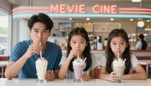 Family Drinking Milkshakes At A Retro Drive In Movie Theater