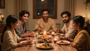 Family Eating Dinner By Candlelight On Diwali