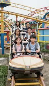 Family Enjoying A Roller Coaster Ride In A Classic Amusement Park