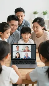 Family Gathered Around A Laptop Video Chatting With Distant Relatives