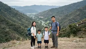 Family Hiking Up A Mountain And Looking At The Valley View