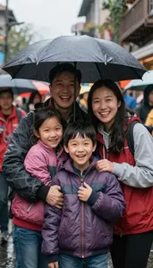 Family Huddled Together Under An Umbrella Laughing At A Rainy Parade