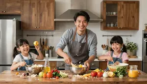 Family Laughing In The Kitchen While Making A Giant Mess Cooking