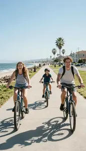 Family Laughing While Riding Bikes Along A Sunlit Coastal Boardwalk