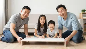 Family Laughing While Trying To Assemble Flat Pack Furniture