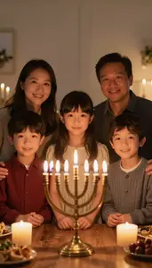 Family Lighting A Menorah Together During A Hanukkah Celebration