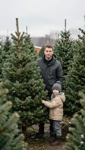 Family Picking Out A Fresh Cut Pine Tree At A Snowy Christmas Farm