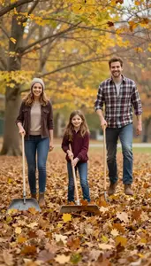 Family Raking And Jumping Into A Giant Pile Of Autumn Leaves