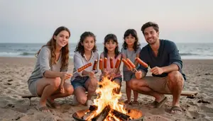 Family Roasting Hot Dogs On Sticks Over A Beach Fire Pit