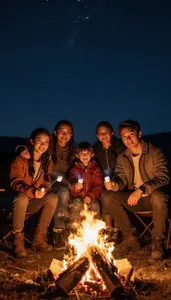 Family Roasting Marshmallows Over A Crackling Campfire Under A Starry Night Sky