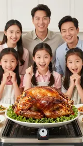 Family Roasting A Turkey Together And Cheering At The Oven Timer