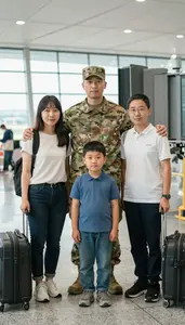 Family Saying Goodbye To A Soldier At An Airport Departure Gate