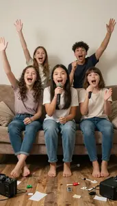Family Singing Karaoke Loudly Together In A Messy Living Room