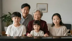 Family Singing Together Around A Piano Played By Grandma