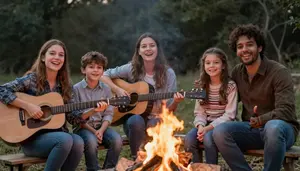 Family Sitting Around A Campfire Strumming A Guitar And Singing