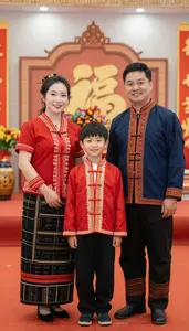 Family Smiling And Wearing Traditional Cultural Dress At A Festive Celebration