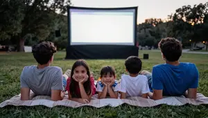 Family Sprawled Out On A Blanket Watching Outdoor Summer Cinema