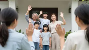 Family Standing Outside Their Home Waving Goodbye To Visitors