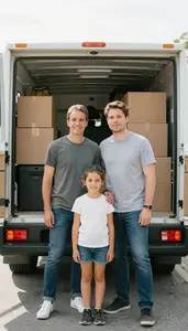 Family Standing Proudly In Front Of A Fully Packed Moving Truck