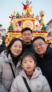 Family Taking A Blurry Selfie With A Big Festive Parade Float
