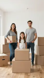 Family Of Three Unpacking Moving Boxes Inside A Completely Empty New House