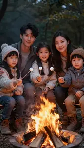 Family Toasting Marshmallows On Sticks Over A Glowing Campfire