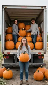 Family Unloading Pumpkins From A Truck During A Harvest Season