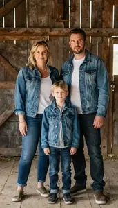 Family Wearing Matching Denim Jackets Posing In A Rustic Barn