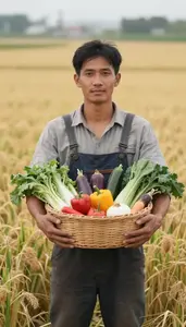 Farmer Holding A Basket Of Fresh Vegetables In A Golden Field