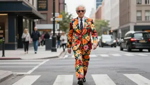 Fashionable Senior Wearing A Bold Floral Suit Crossing A Vibrant City Street