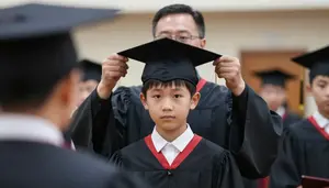 Father Adjusting His Sons Tiny Graduation Cap Before The Ceremony