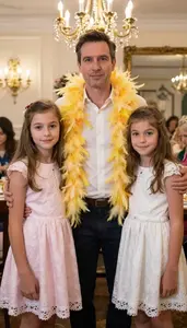 Father Braving A Tea Party Wearing A Feather Boa With Daughters