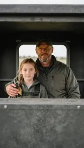Father And Daughter Sharing A Silent Moment In A Hunting Blind