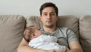 A Father Dozing On A Couch With A Baby Sleeping On His Chest