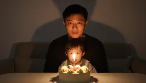 Father Lighting A Candle On A Birthday Cake For His Toddler