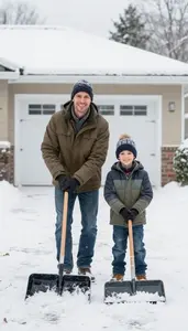 Father And Son Shoveling Snow From The Driveway With Smiles