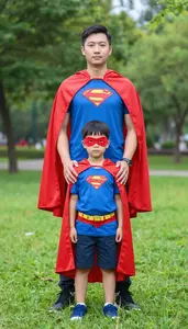 Father And Son Wearing Matching Superhero Capes Playing In Park