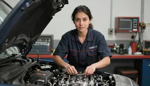 Female Mechanic Confidently Working On An Engine In A Repair Shop