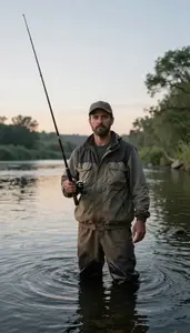 Fisherman Standing Knee Deep In A River Fly Fishing At Dawn