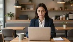 Focused Businesswoman Working Remotely On A Laptop At A Cozy Cafe