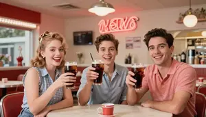 Friends Cheering With Soda Floats At A Retro 1950s Themed Diner