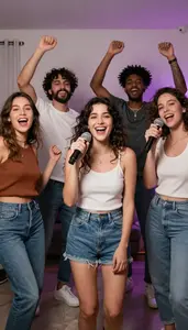 Friends Dancing And Singing Together At A House Karaoke Party Night
