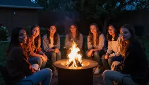Friends Gathered Around A Fire Pit In A Backyard On Cool Evening