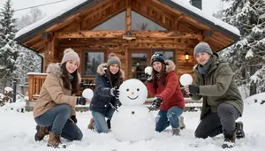 Friends Having Snowball Fight In Mountain Cabin
