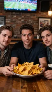 Friends Sharing A Large Plate Of Nachos In A Sports Bar Watching The Game